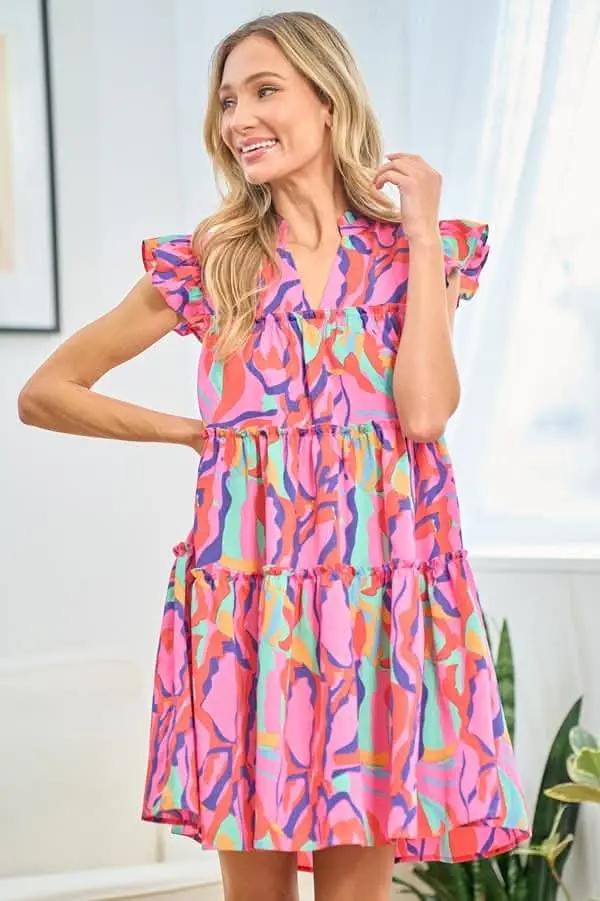 First Love Full Size Printed Ruffle Cap Sleeve Dress - Love Salve